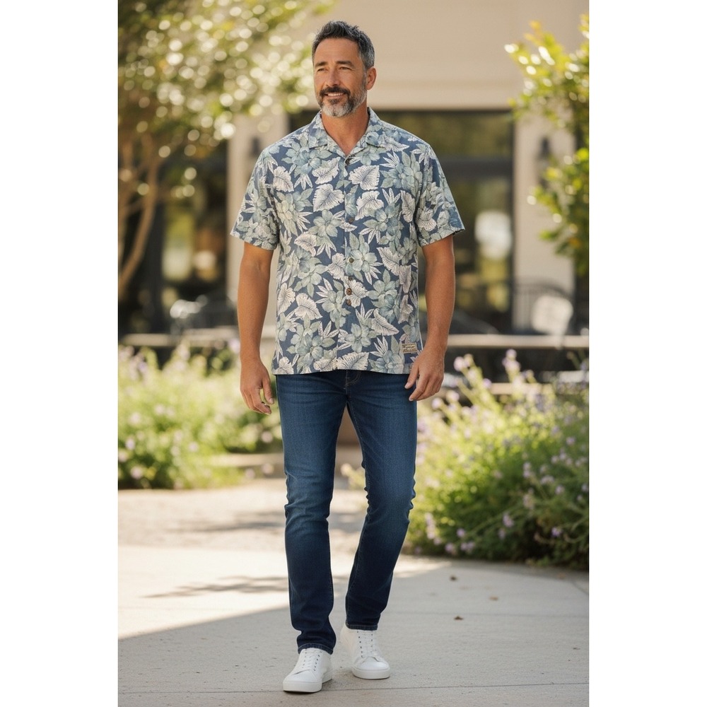 229 Tommy Bahama Mens Floral Hibiscus Camp Shirt Blue Sage Rayon Cotton Blend M